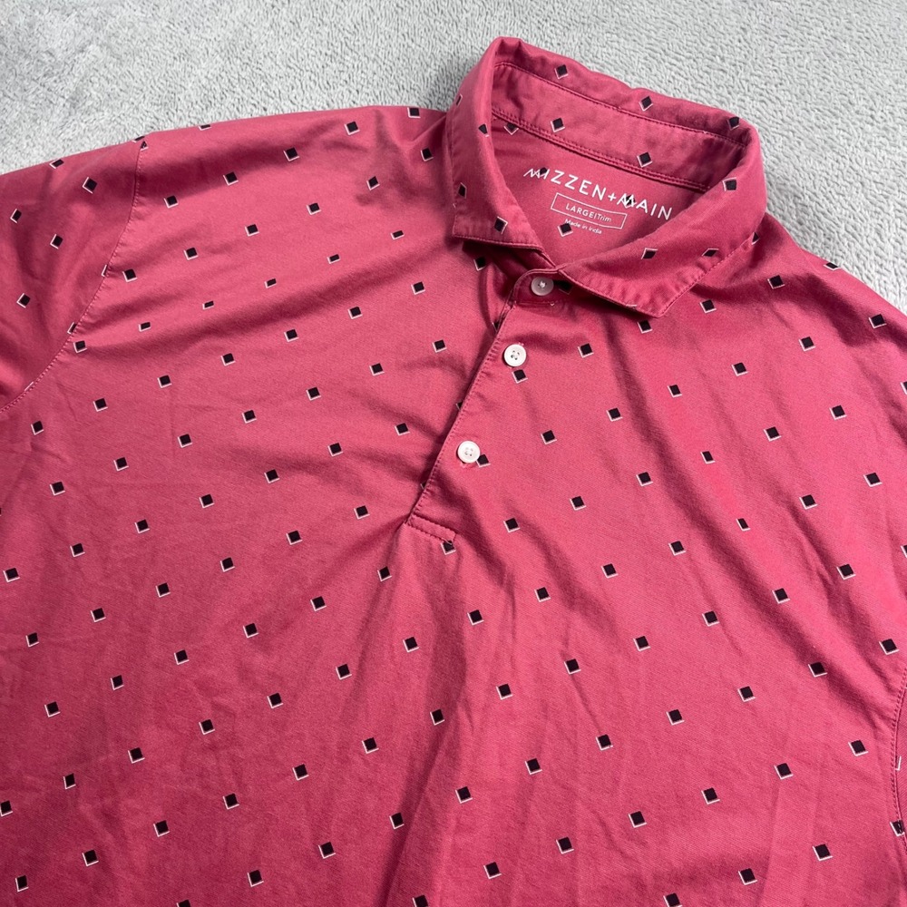 Mizzen+Main Mens Large Trim Performance Polo Shirt Pink Geometric Diamond Print